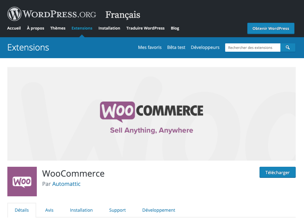 Capture d'écran de la page de présentation du plugin WooCommerce, ajoutant des fonctionnalités e-commerce à WordPress.