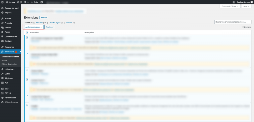 Capture d'écran de la page "Extensions" de l'espace d'administration de WordPress avec la mise en évidence du bouton "Actions groupées".