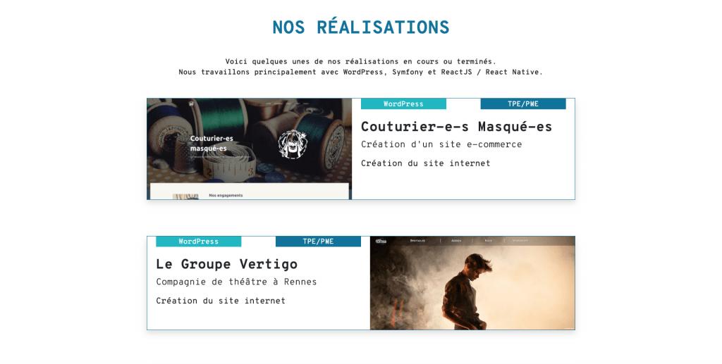 Capture d'écran de la page "Réalisations" du site de l'agence web Kornog.