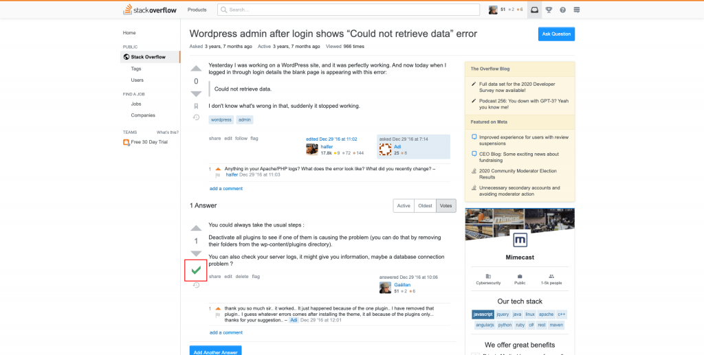 Capture d'écran d'un exemple de question sur le site communautaire StackOverflow.