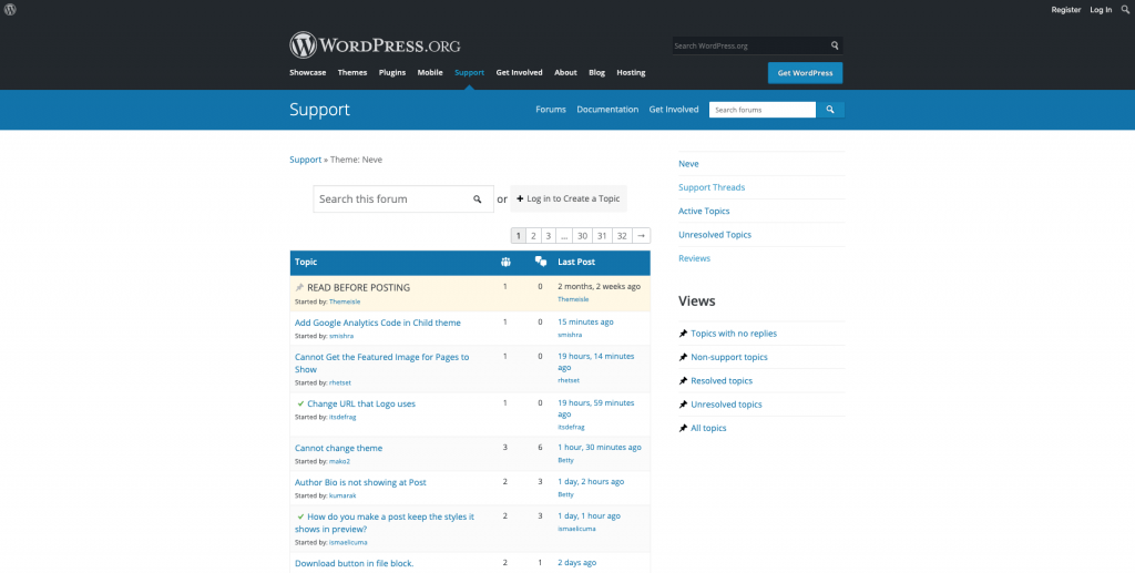 Capture d'écran d'un exemple de post sur la page du forum du site officiel WordPress.