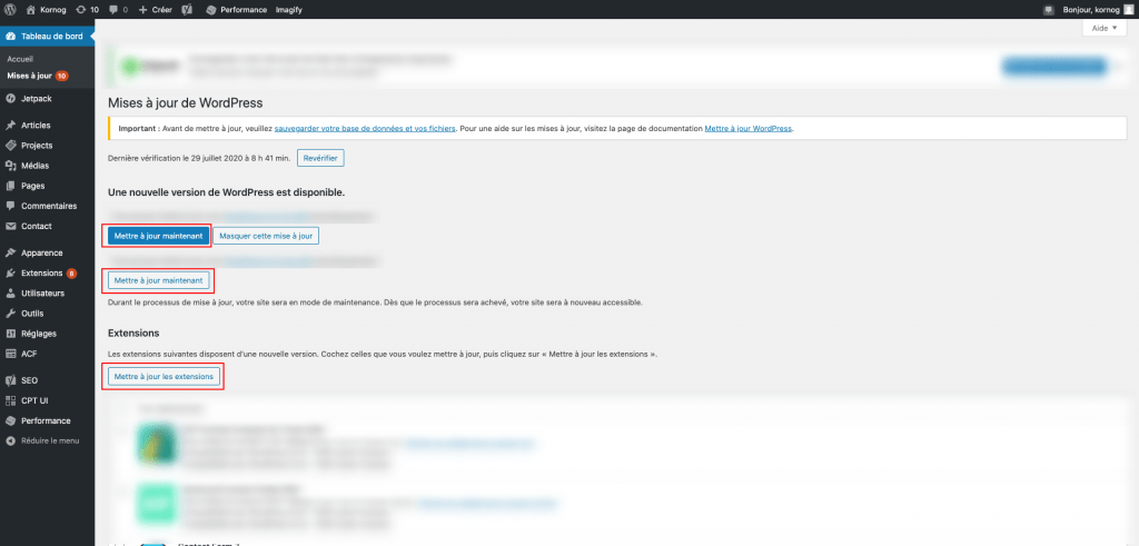 Capture d'écran de la page "Mises à jour" de l'espace d'administration de WordPress, avec mise en évidence des boutons "Mettre à jour maintenant".