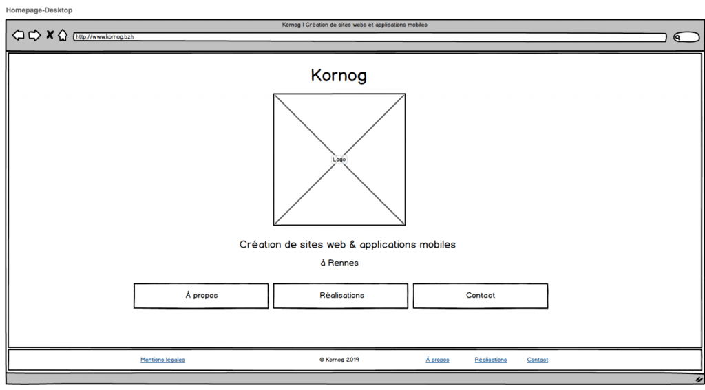 Capture d'écran d'un exemple de Wireframes réalisé par l'agence web Kornog pour la première version de son propre design de site web.